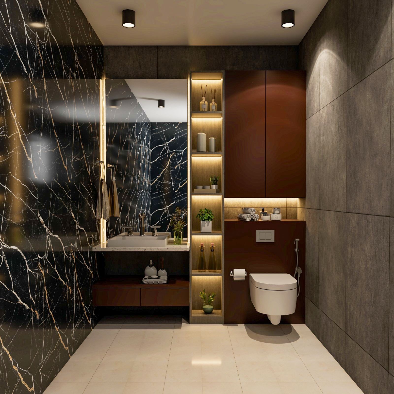 Modern Bathroom Design With Floor-To-Ceiling Wall Shelves