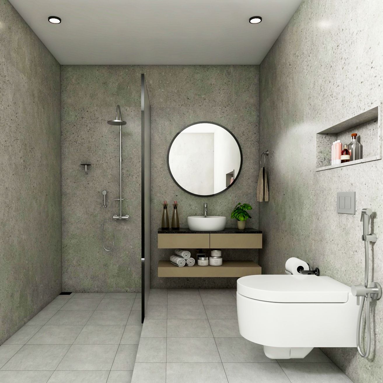 Modern Bathroom Design With Light Grey Wall Tiles
