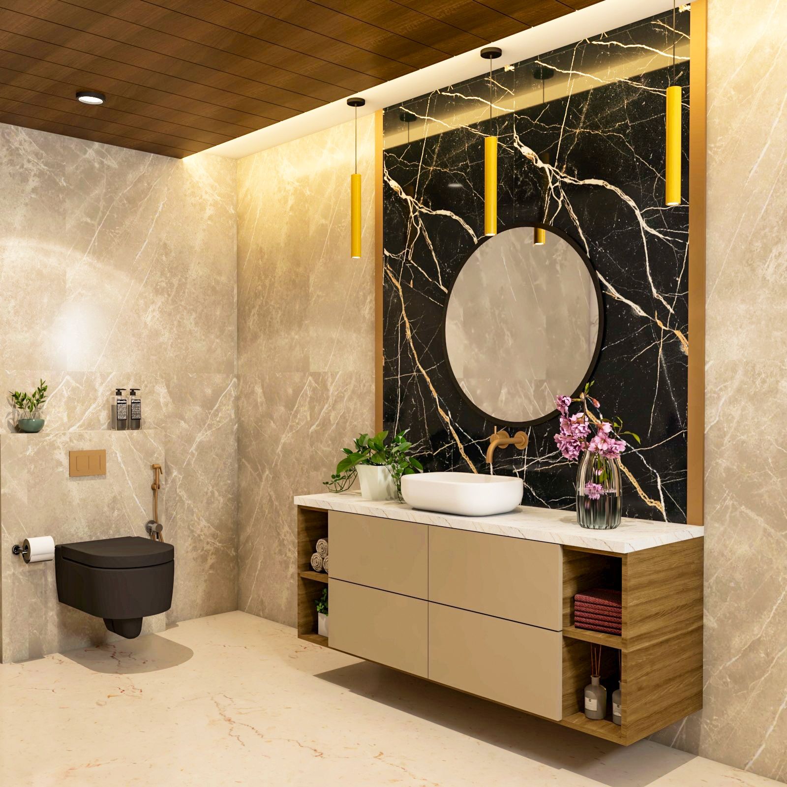 Spacious Black And Beige Bathroom Design With Suede Laminates