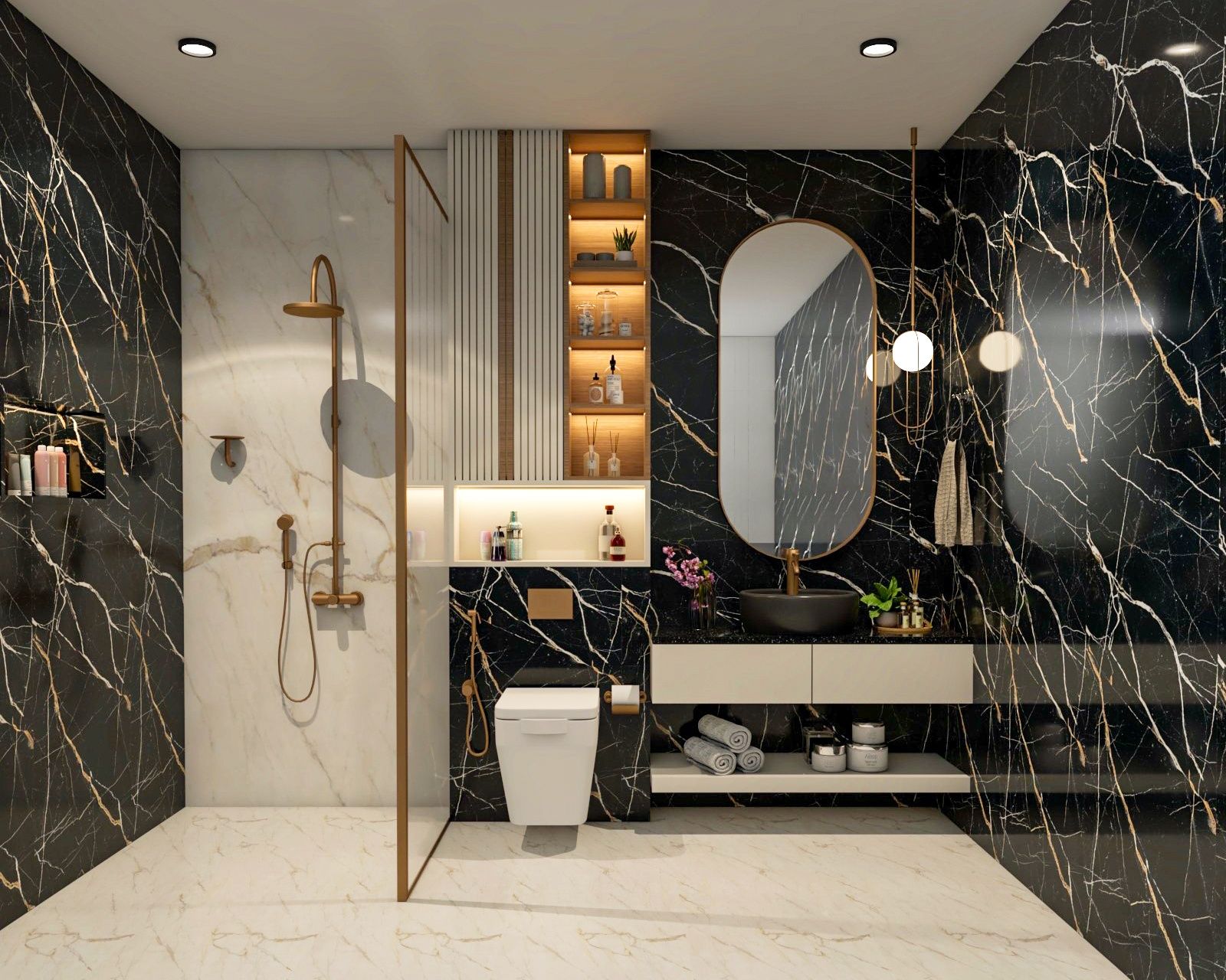 Spacious Black An Beige Bathroom Design With Glass Partition Livspace