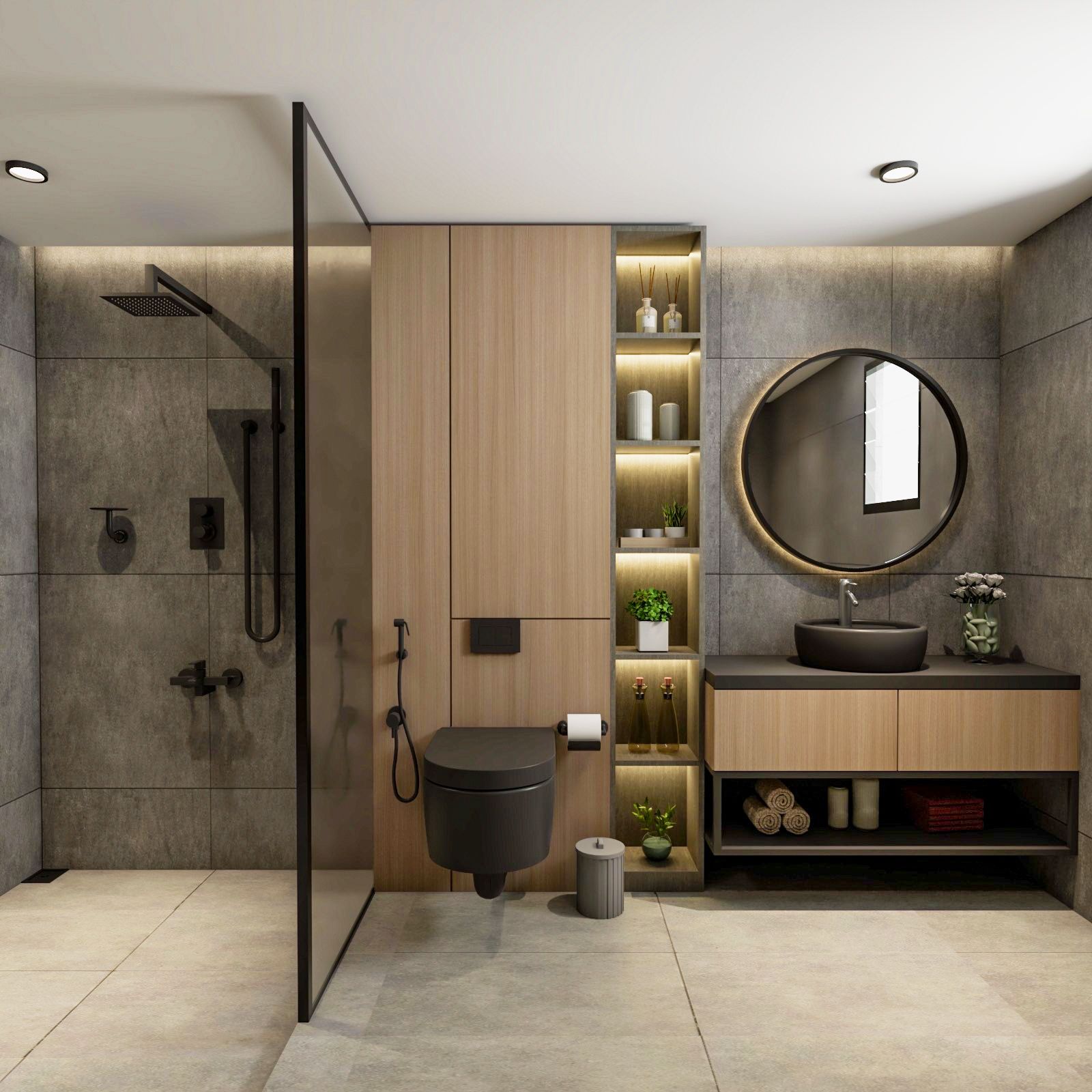 Spacious Grey And Cream Bathroom Design With Mirrored Wall Livspace