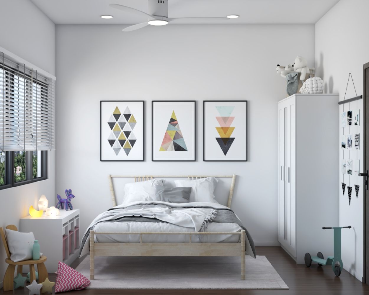 Scandinavian Kids Room Design With A Queen Bed And Framed Wall Art