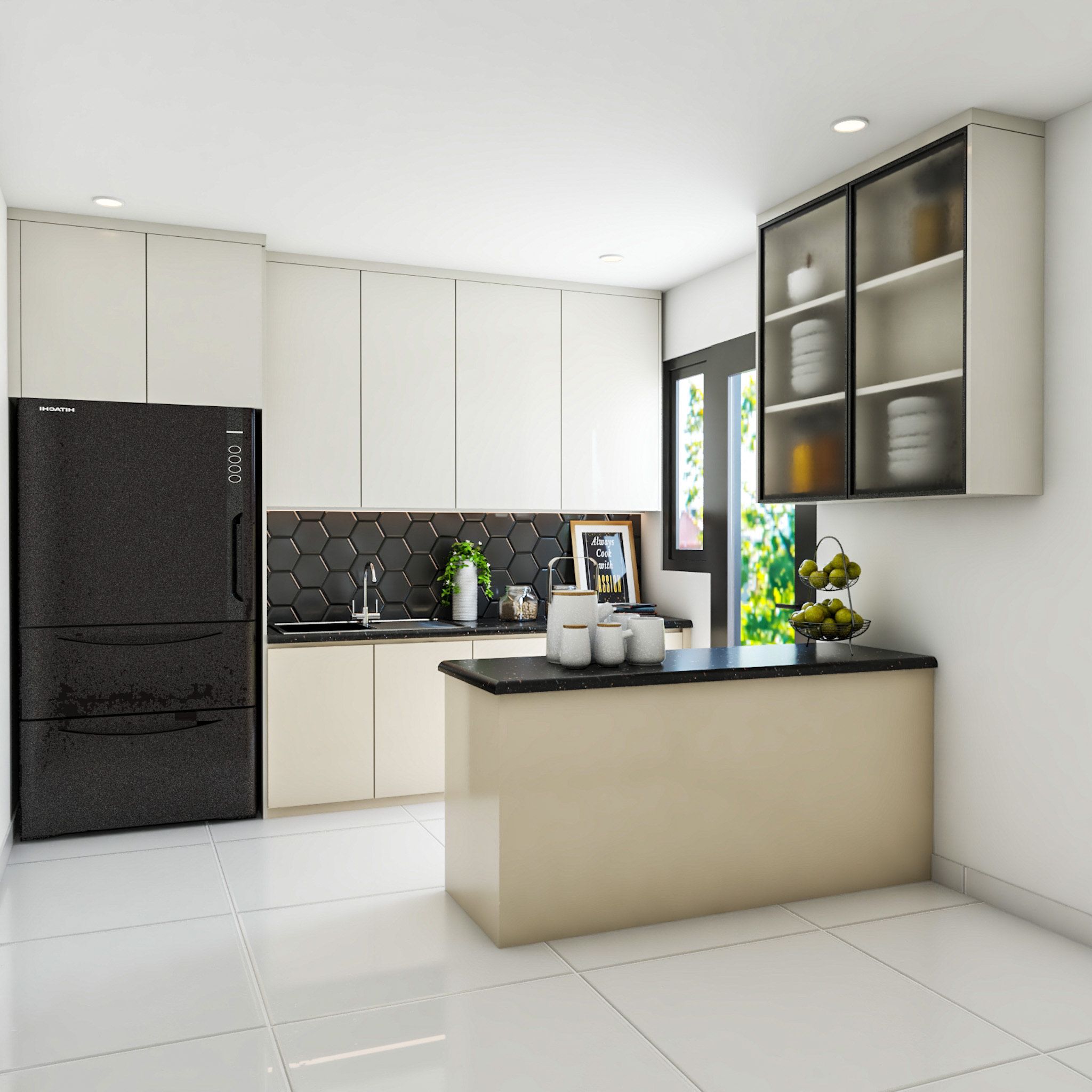 Minimalist Interior Design For Kitchens With Black Dado Tiles | Livspace