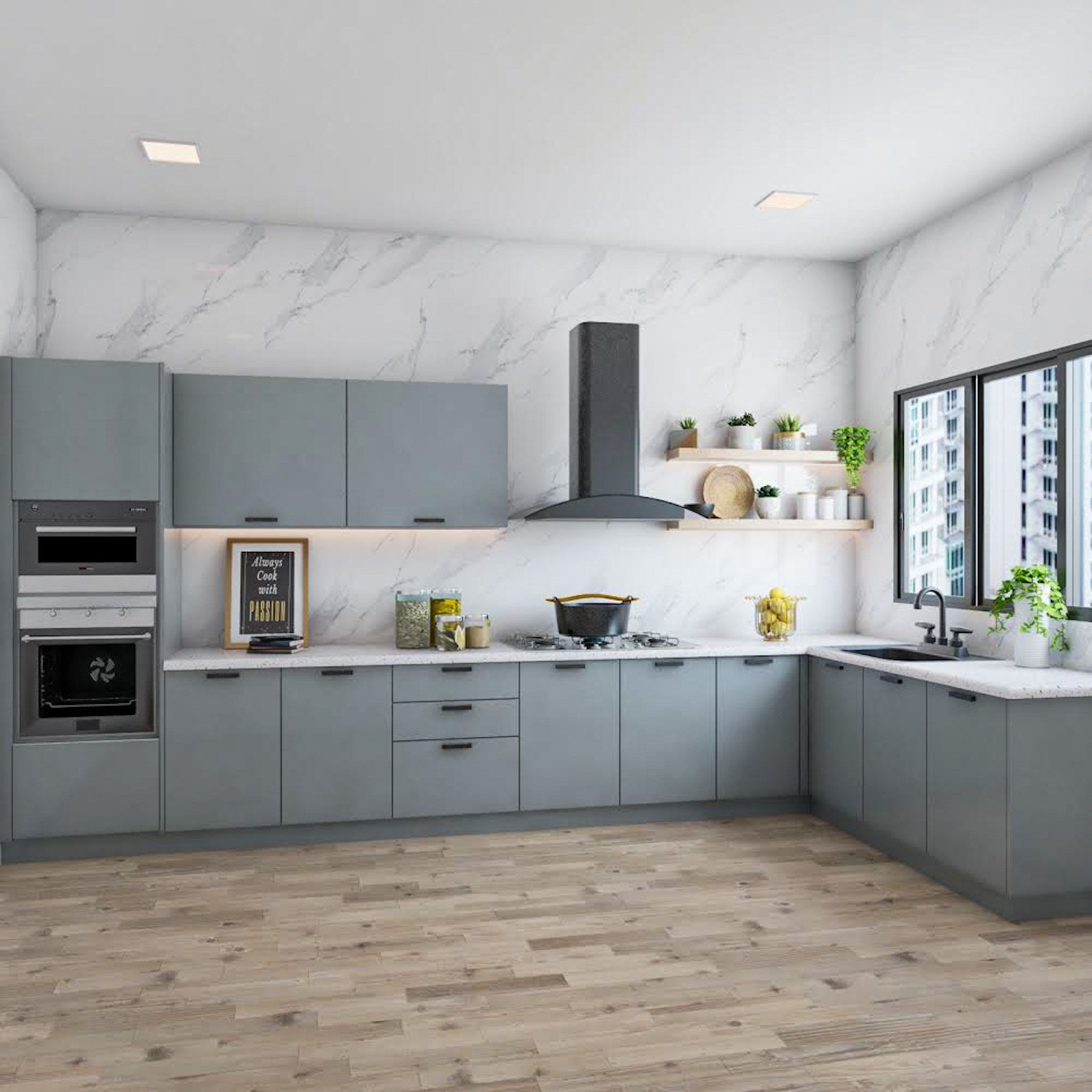 Blue L-Shaped Kitchen Cabinet Design With White Backsplash | Livspace
