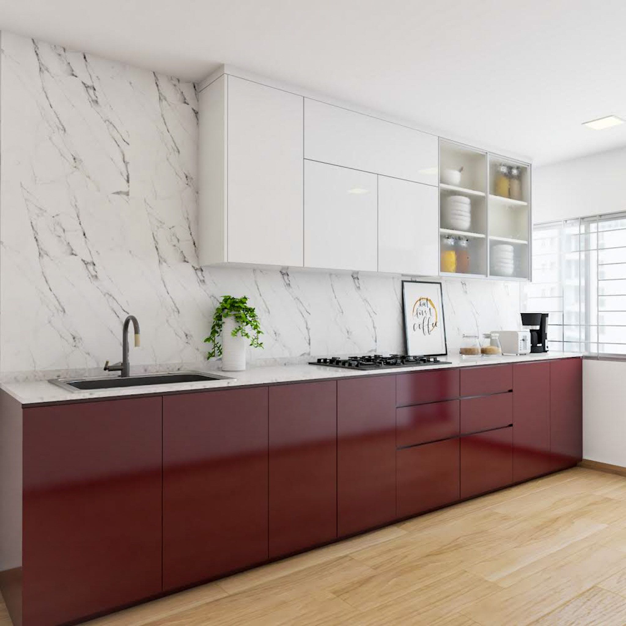 Straight Kitchen Cabinet Design With Modern Red And White Interiors ...