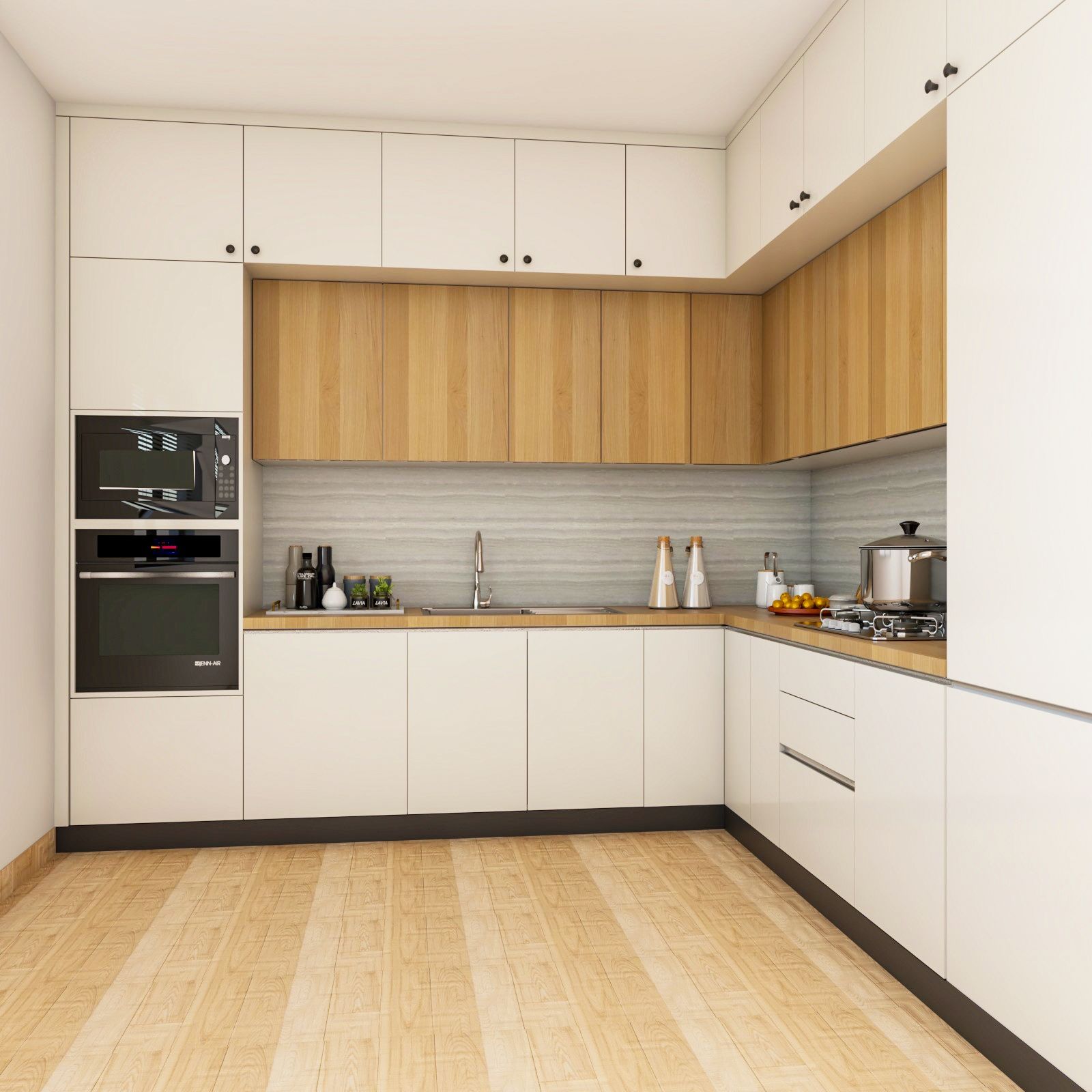 Scandinavian White and Brown L-Shaped Kitchen Design with Quartz Countertop