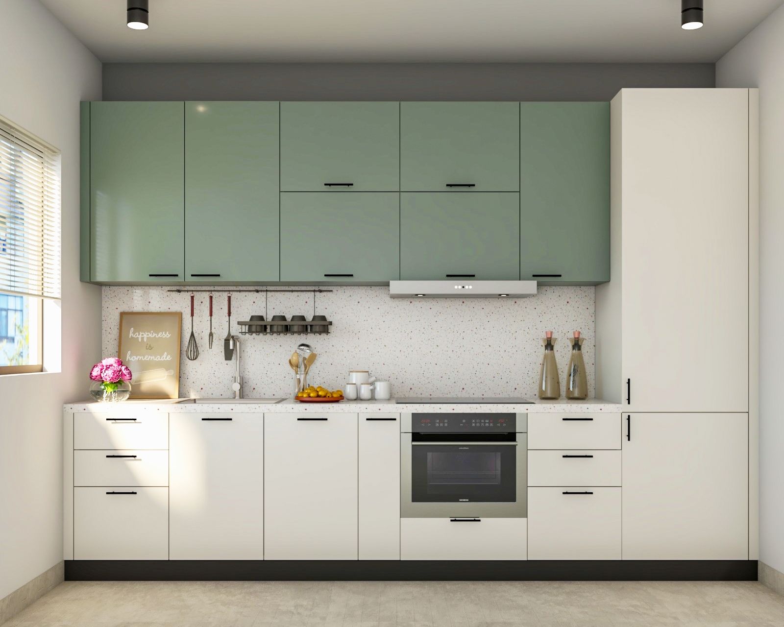 Modern White and Green Straight Kitchen Design with Quartz Countertop