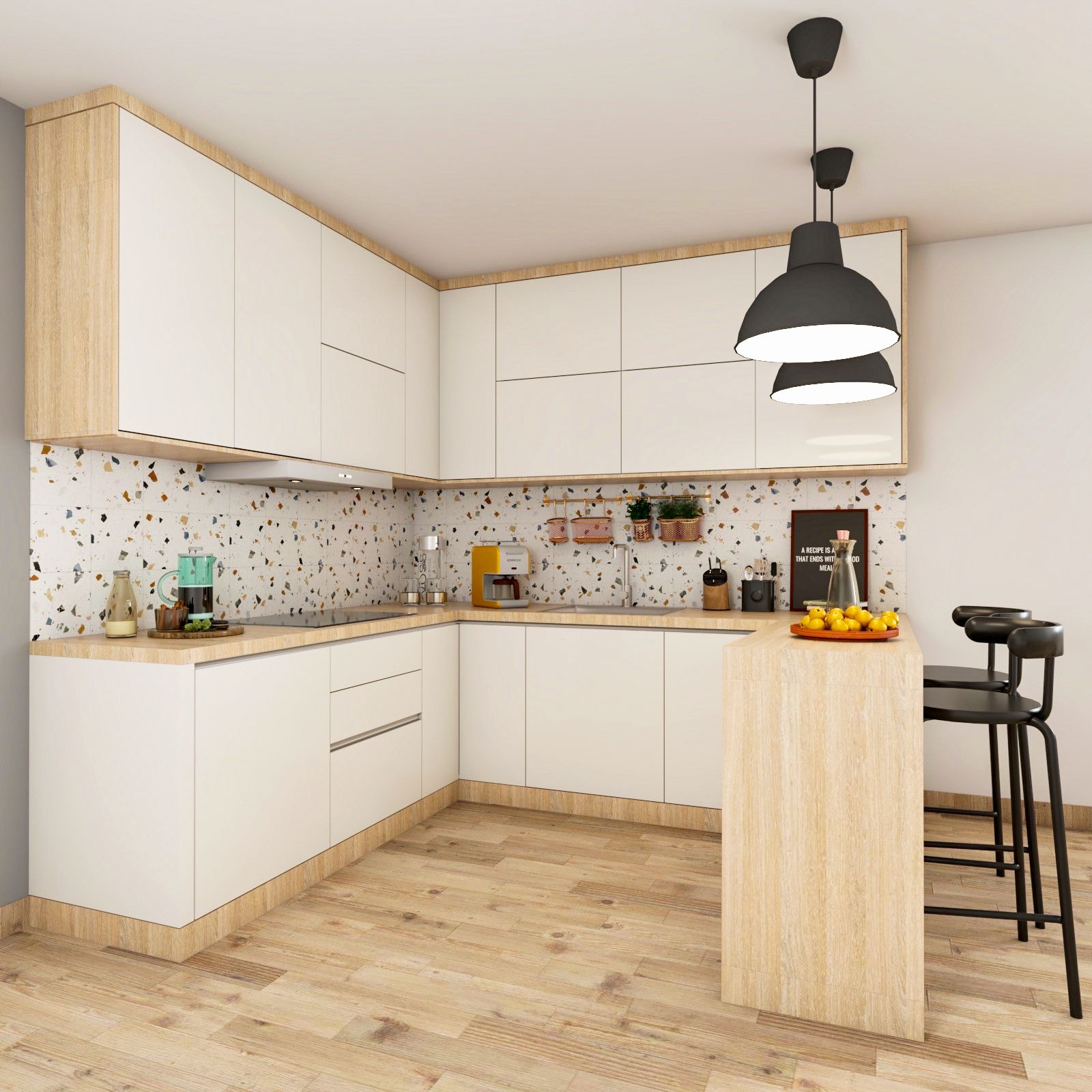 Scandinavian White Open Peninsula Kitchen Design with Quartz Countertop