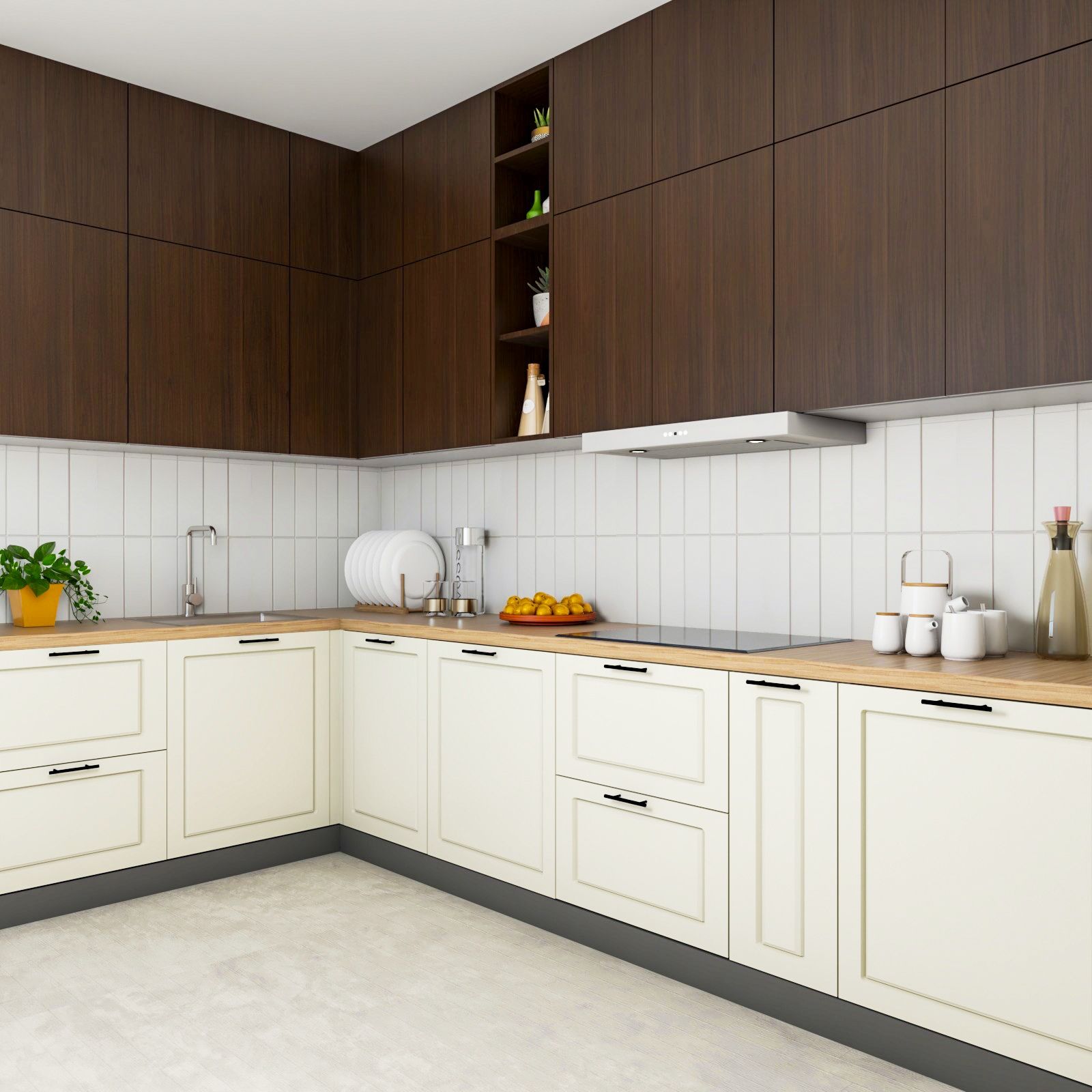 Contemporary White And Brown L Shape Kitchen Design