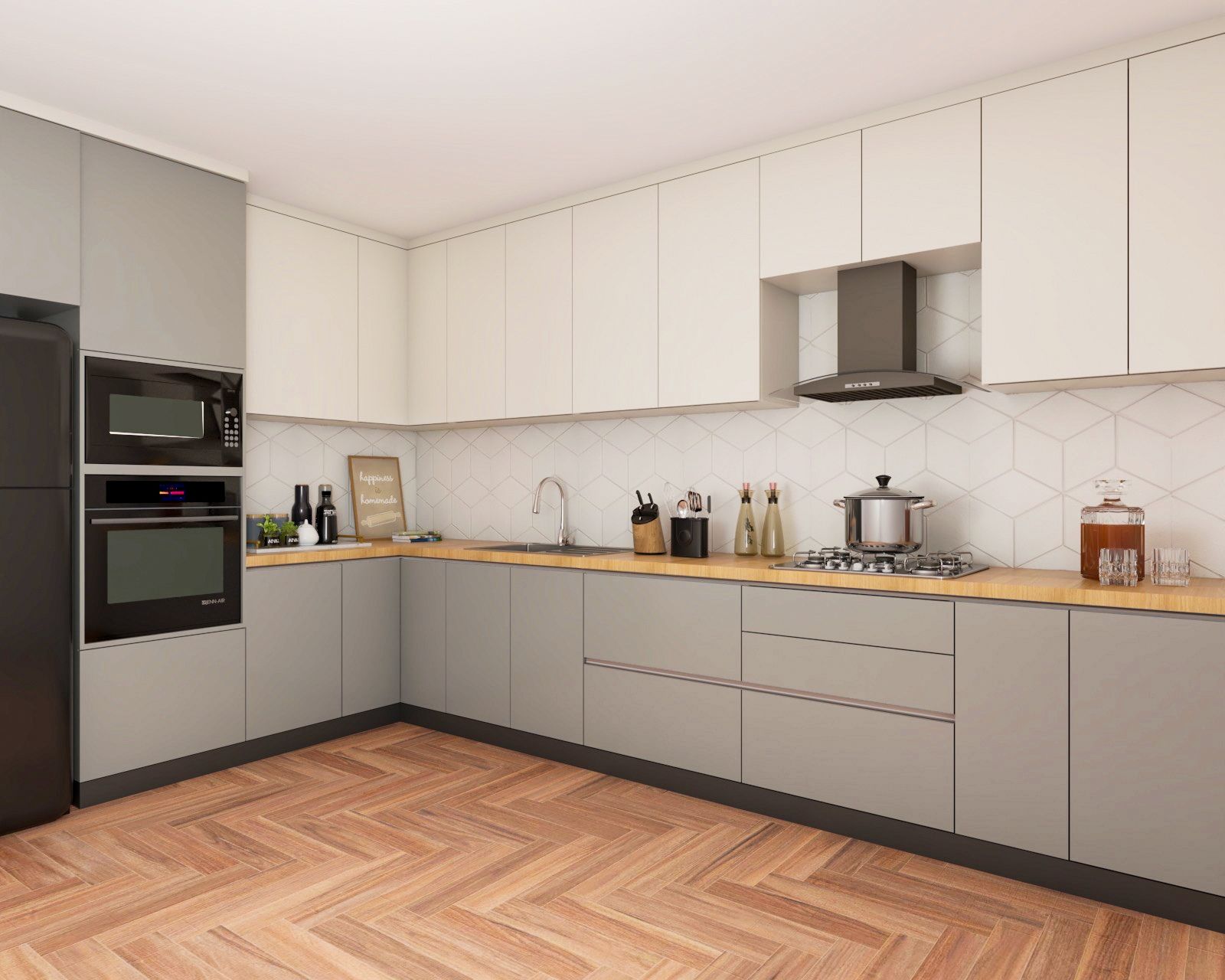 Contemporary L Shape Grey And White Kitchen Interior Design