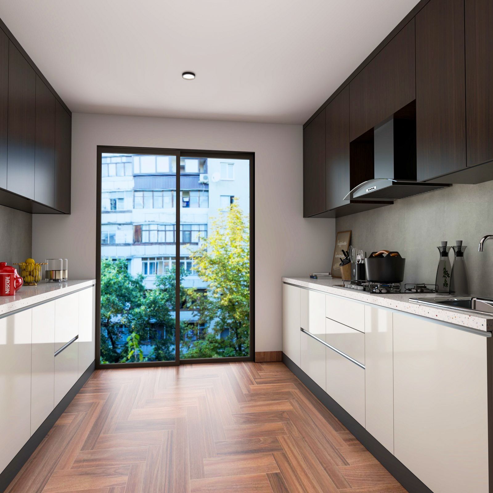 Modern White And Dark Brown Parallel Kitchen Design With Quartz Countertop