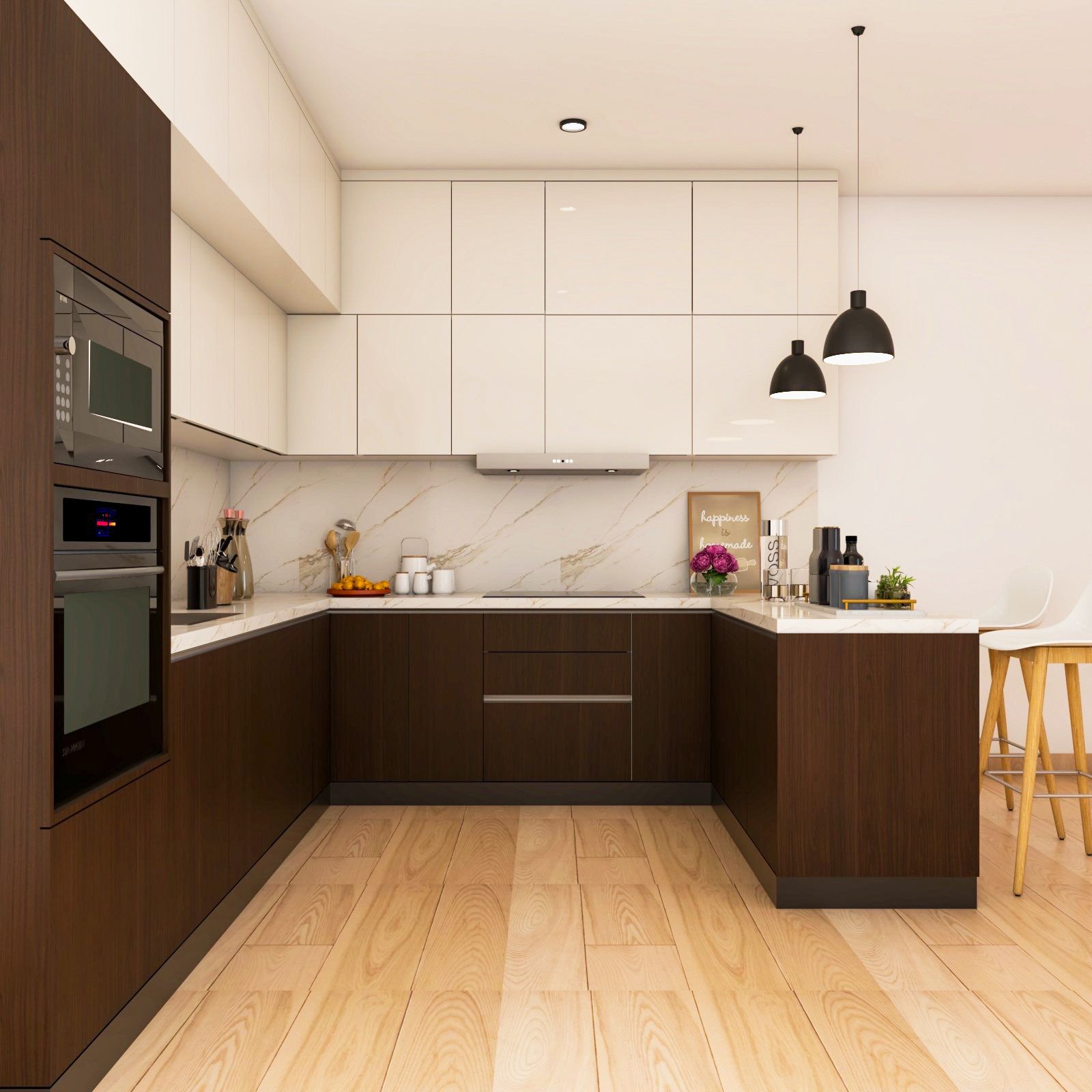Spacious Modern Brown And White Peninsula Kitchen Design With Quartz Countertop