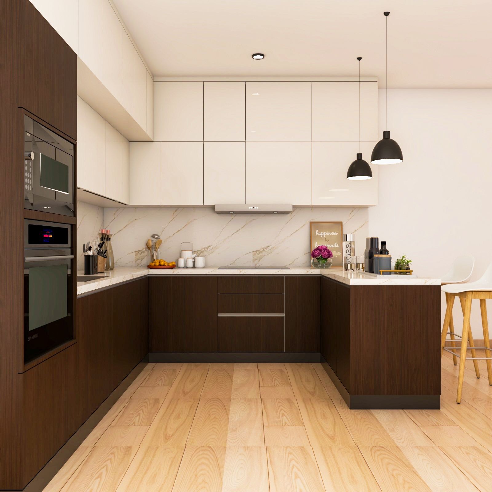Spacious Brown and White Peninsula Kitchen Design with Quartz Countertop | Livspace