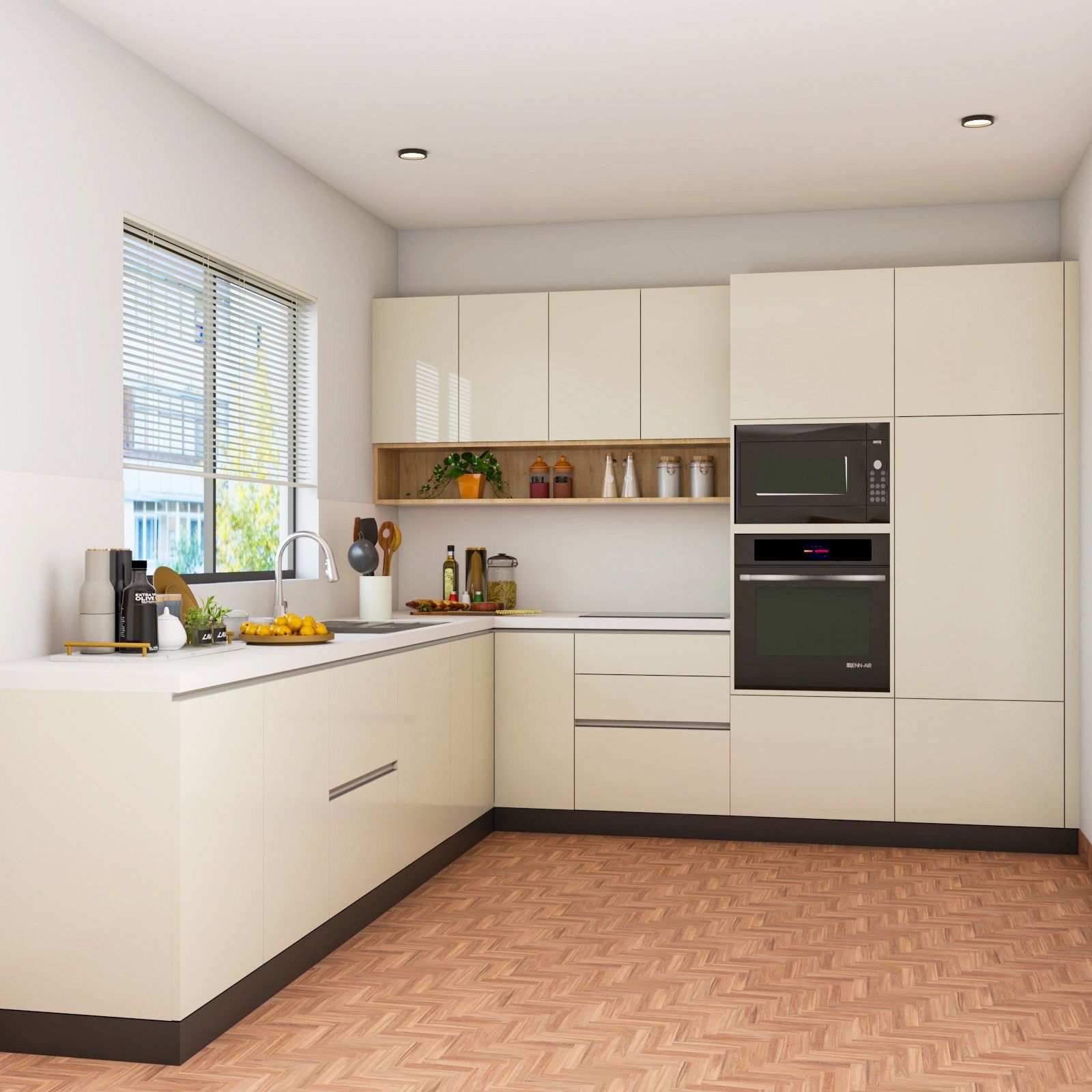 Modern L-Shaped Kitchen Design With White Suede Laminates