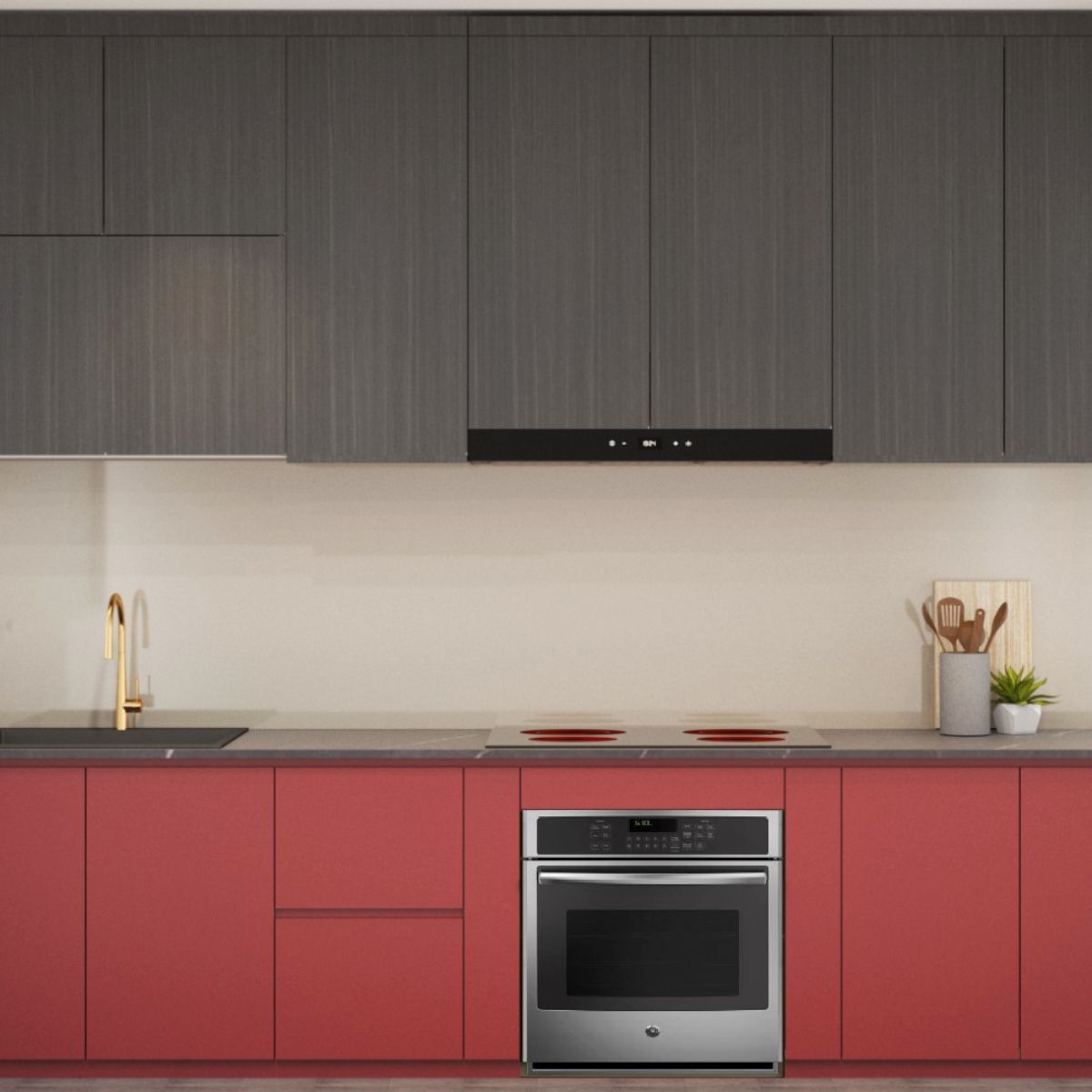Grey And Red Transitional Laminate Design For Kitchens