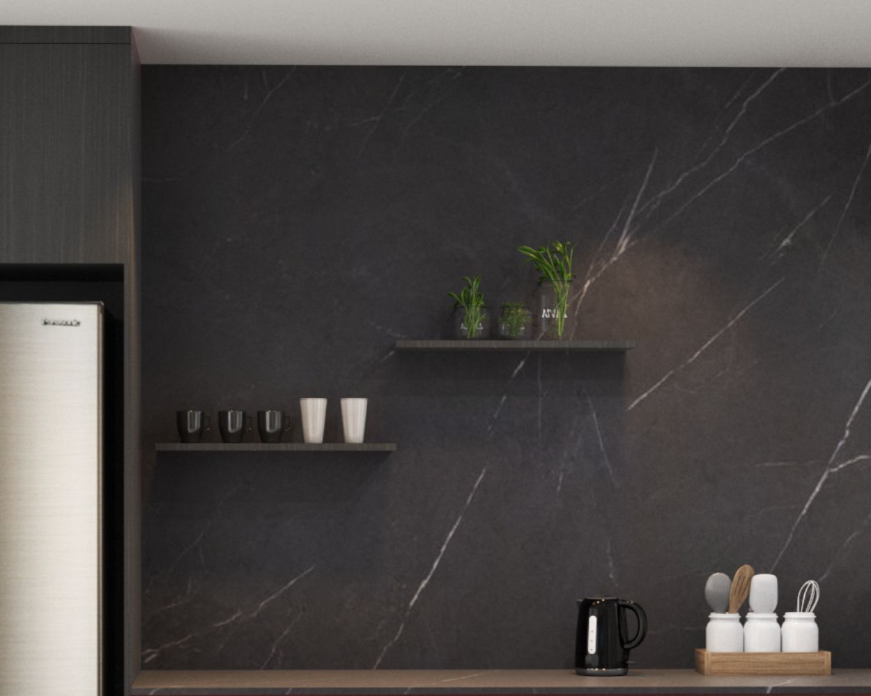 Minimalistic Black Quartz Tile Design For Kitchen Backsplash