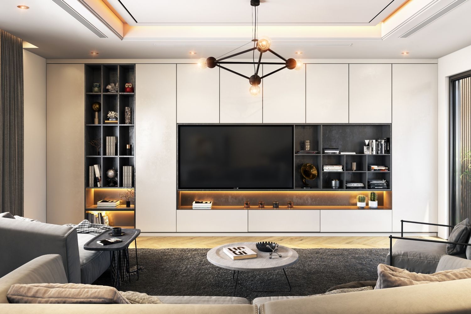 Modern TV Unit Design With Open Shelves And Closed Storage