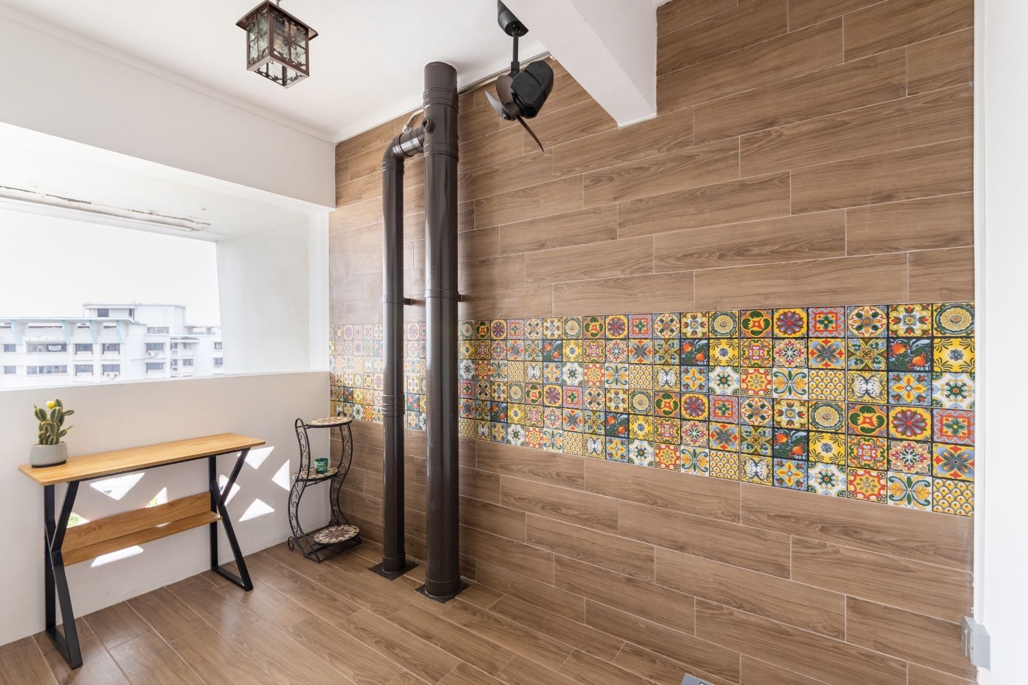 Scandinavian Wall Design With Wooden Panel And Mosaic Tiles