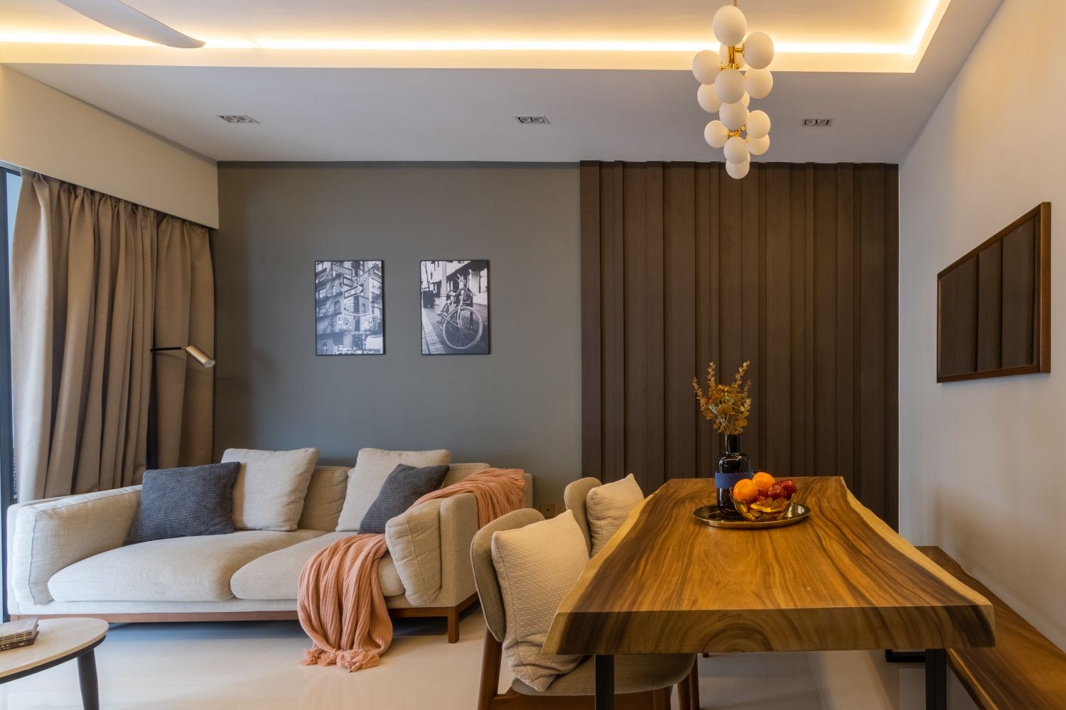 Contemporary Wall Design With Grey Wall Paint And Brown Fluted Panels