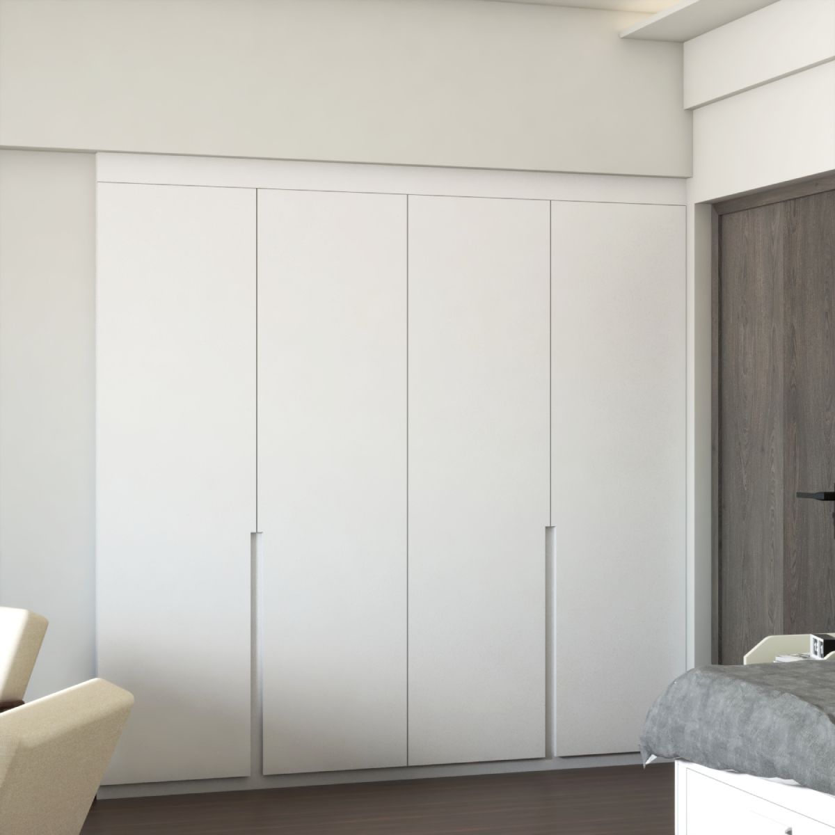 Minimalistic 4-Door White Swing Wardrobe Design