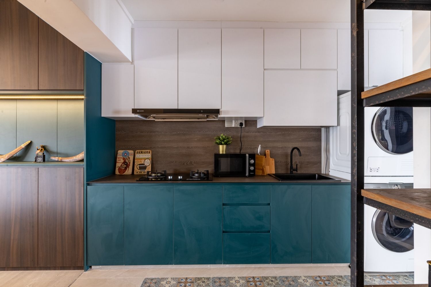 Modern Kitchen Design With White And Dark Blue Cabinets