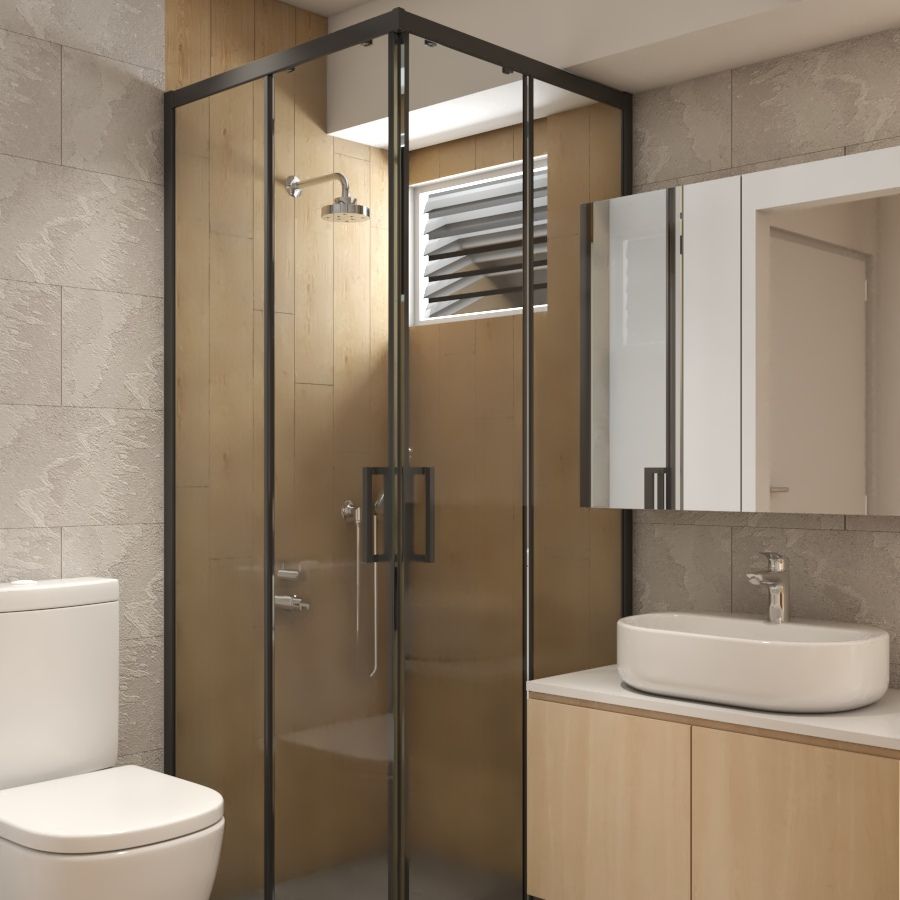 Modern Grey And Brown Bathroom Design With Wooden Tiles