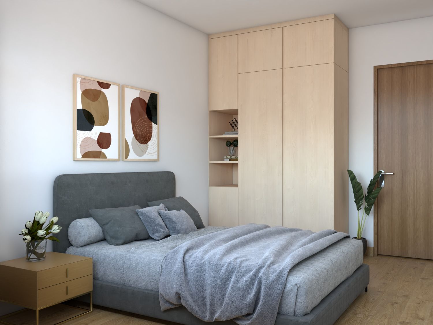 Scandinavian Bedroom Design With A Grey Upholstered Bed And A Swing Wardrobe