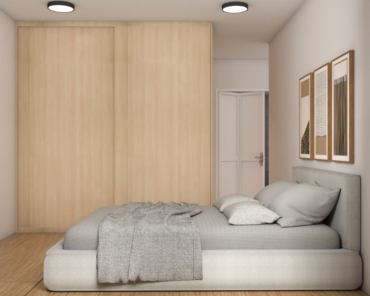 D-SGMBR-JFM2023-1185	Scandinavian Bedroom Design With A Wooden Wardrobe And Ceiling Lights