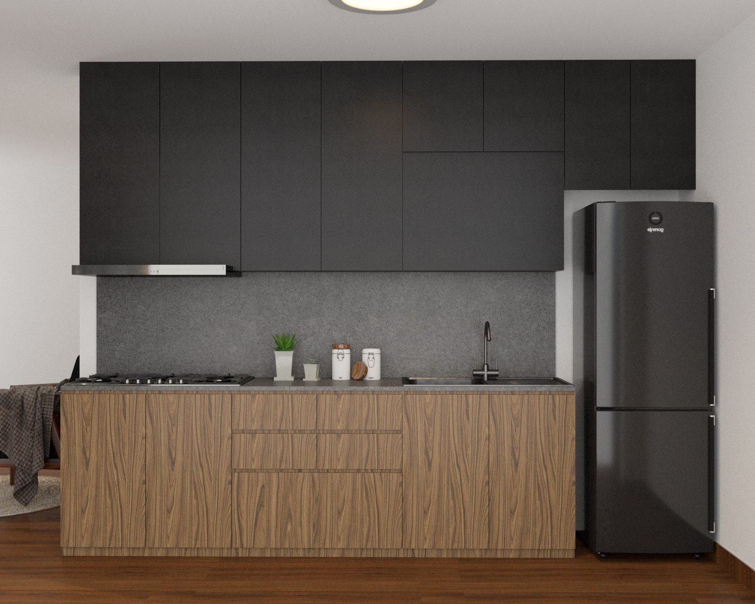 Small Kitchen Design With Black Backsplash Tiles | Livspace