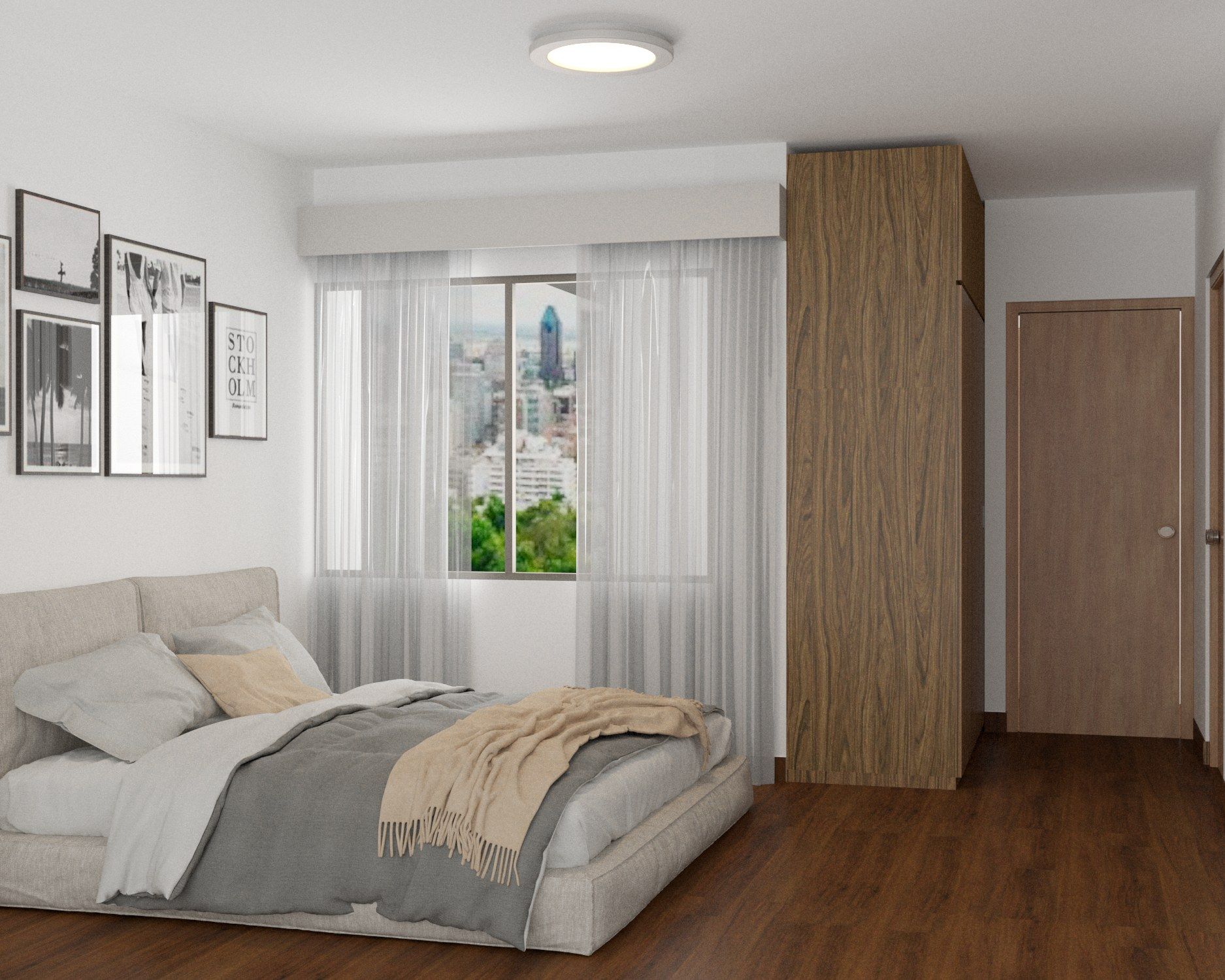Contemporary Bedroom Design With A Beige Upholstered Bed