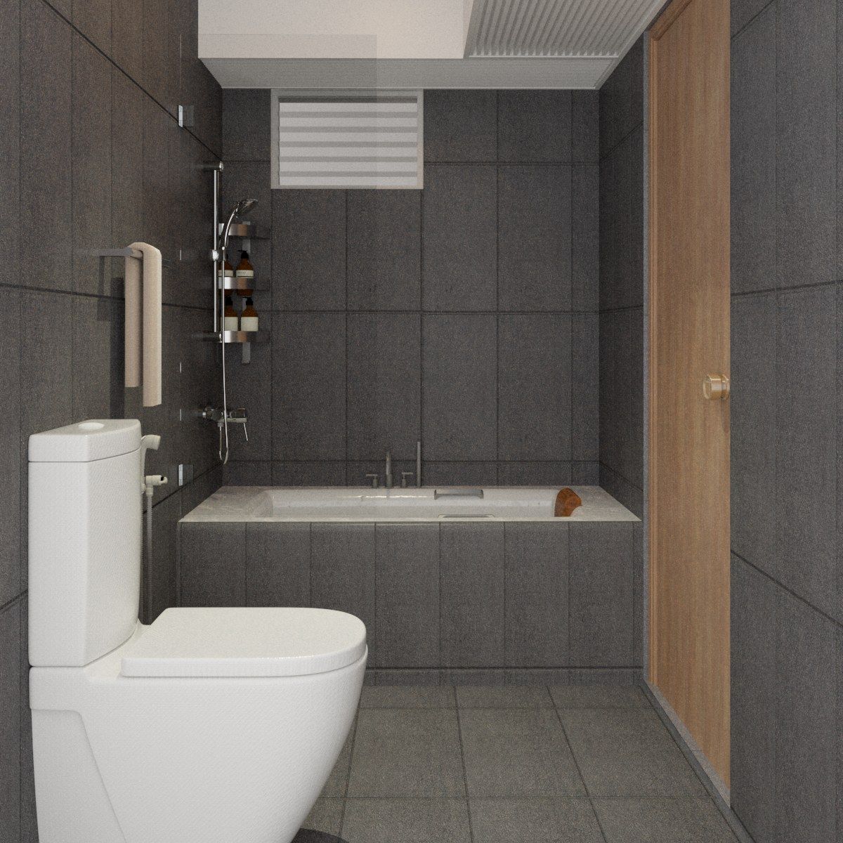 Modern Bathroom Design With Black Tiles And White Bathtub