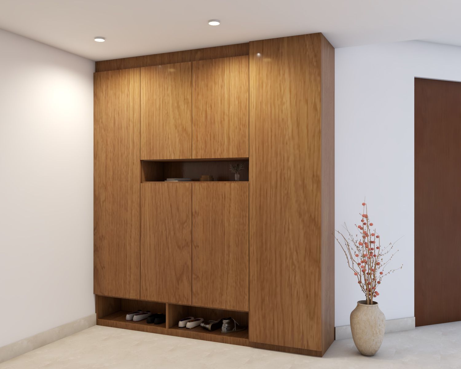 Classic Foyer Design With Dark Wooden Grain Floor-To-Ceiling Storage Unit