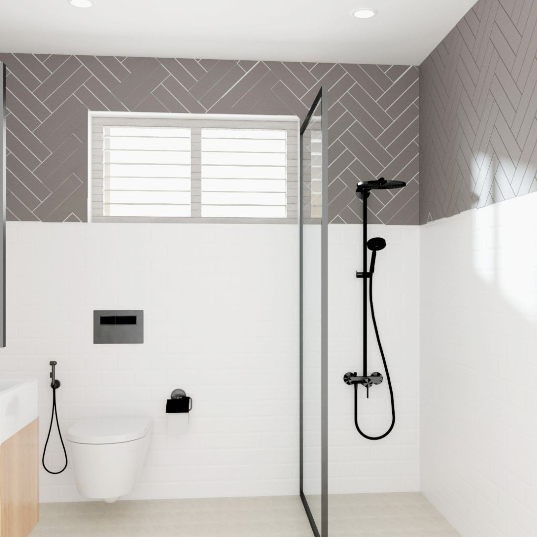 Minimalist White And Grey Bathroom Design With Herringbone Tile Pattern