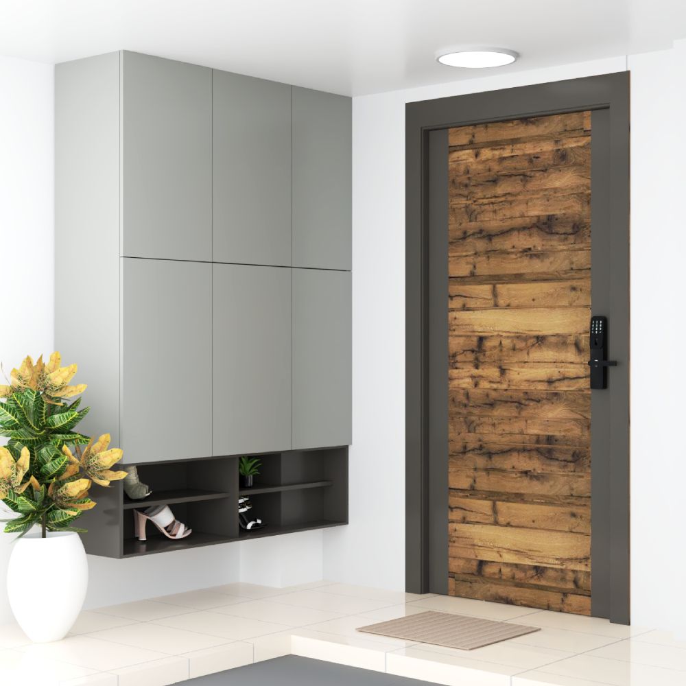 Modern Light Grey Foyer Design With Wall-Mounted Storage Unit