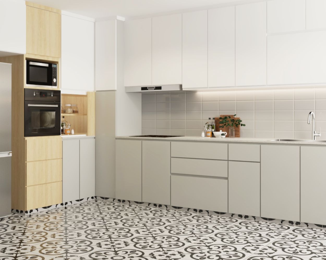 Contemporary Kitchen Flooring Design With Dual-Tone Tiles