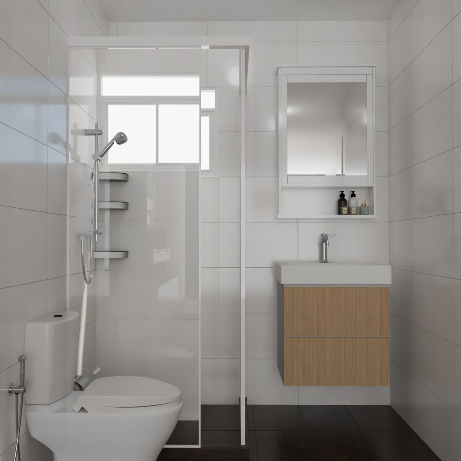 Minimal White Bathroom With Dark Floor Tiles