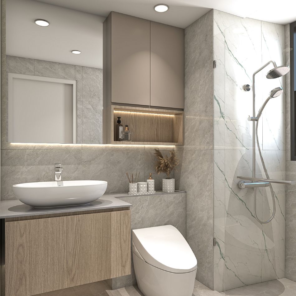 Modern Grey Bathroom Design With White Marble Tiles