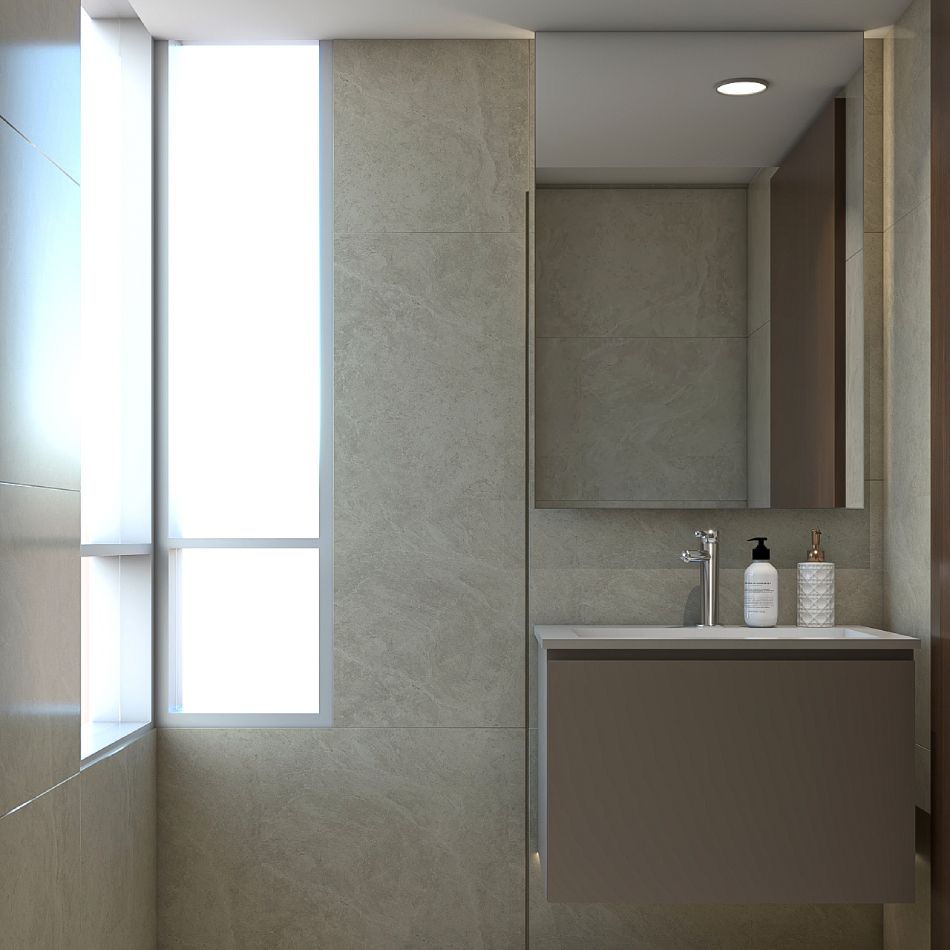 Modern Grey Bathroom Design With Rectangular Mirror
