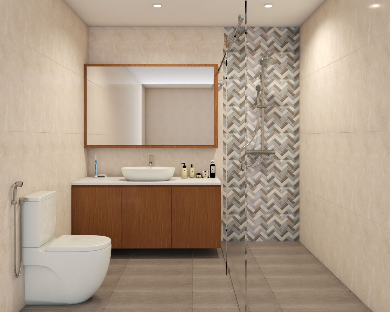 Modern Beige Bathroom Design With Patterned Tiles