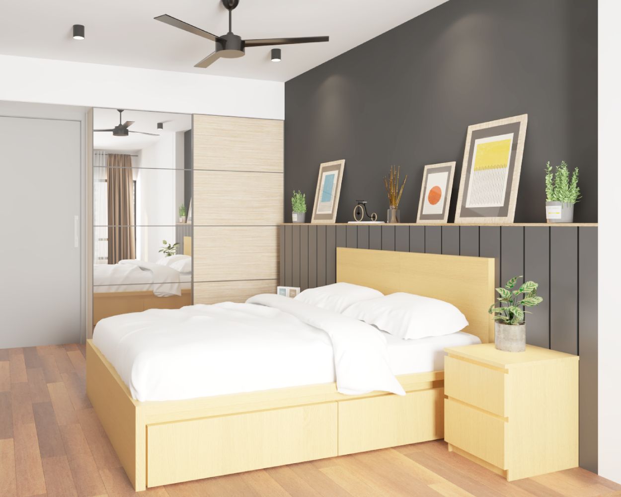 Contemporary Bedroom Design With Grey Vertical Wall Panels