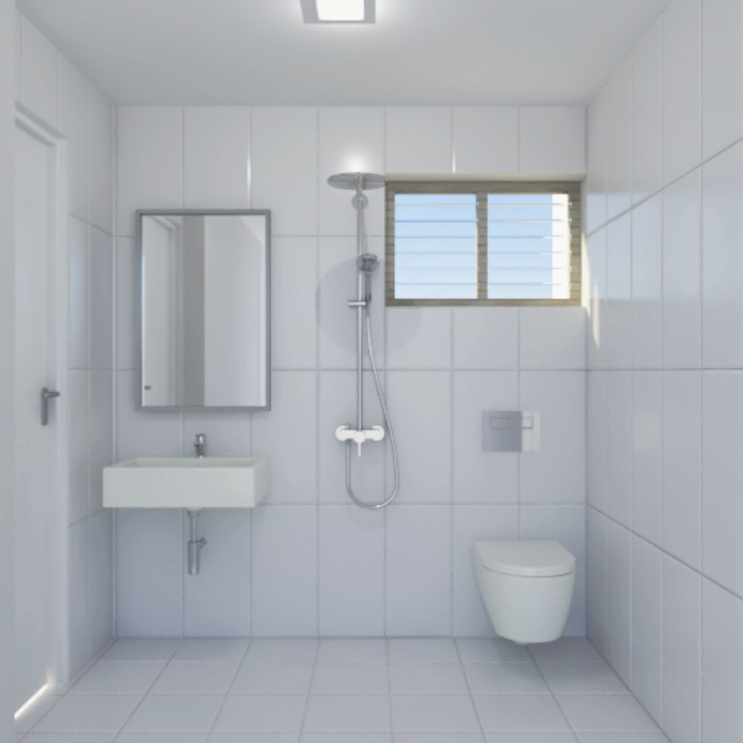 Minimal Bathroom Design With Rectangular Mirror And Metal Frame