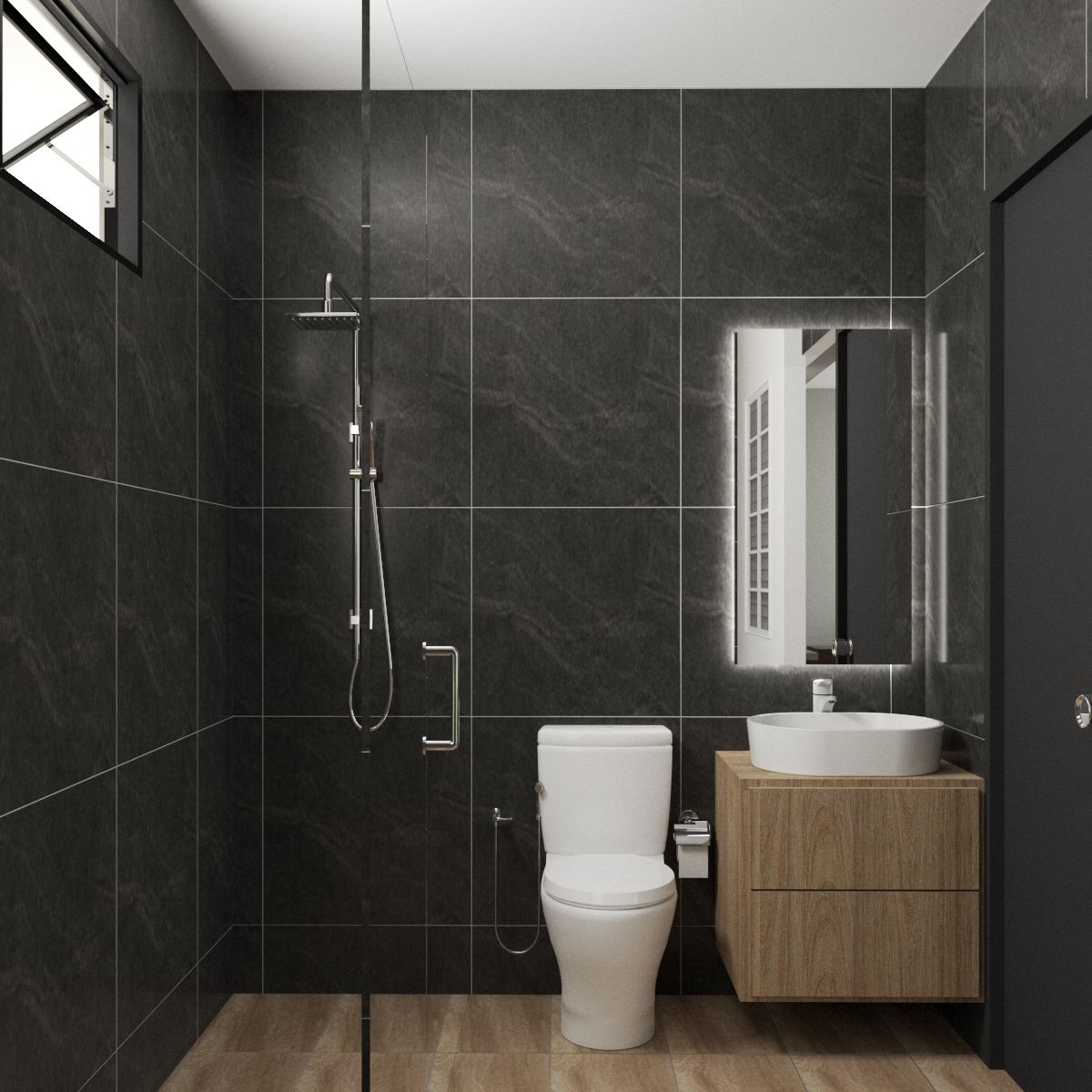 Modern Black Bathroom Design With Contrast Wooden Flooring