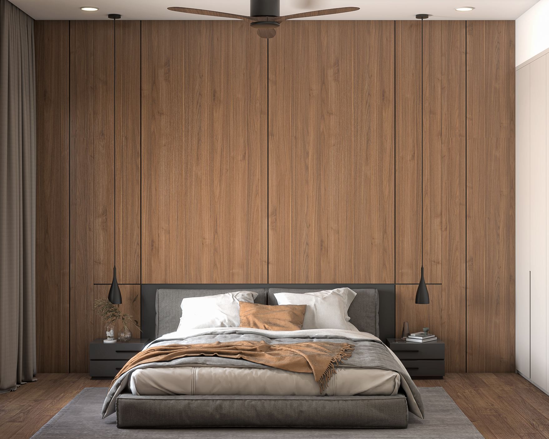 Minimalist Master Bedroom Design With Pendant Lights And Two Nightstands