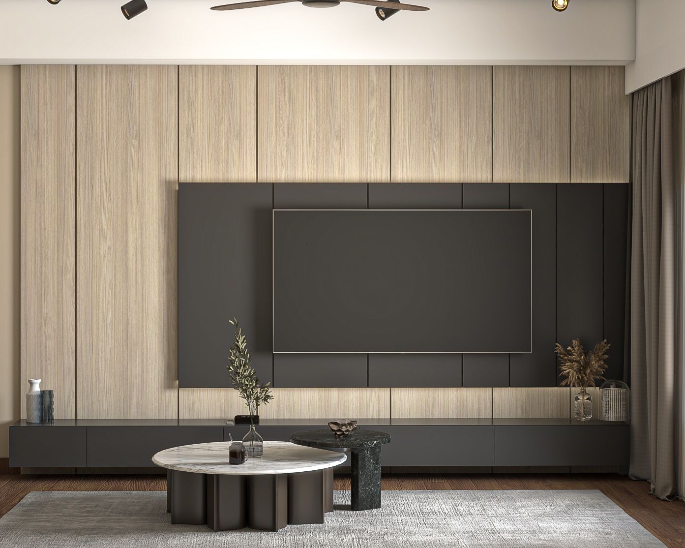 Complementary TV Unit With Black Floor-Mounted Storage
