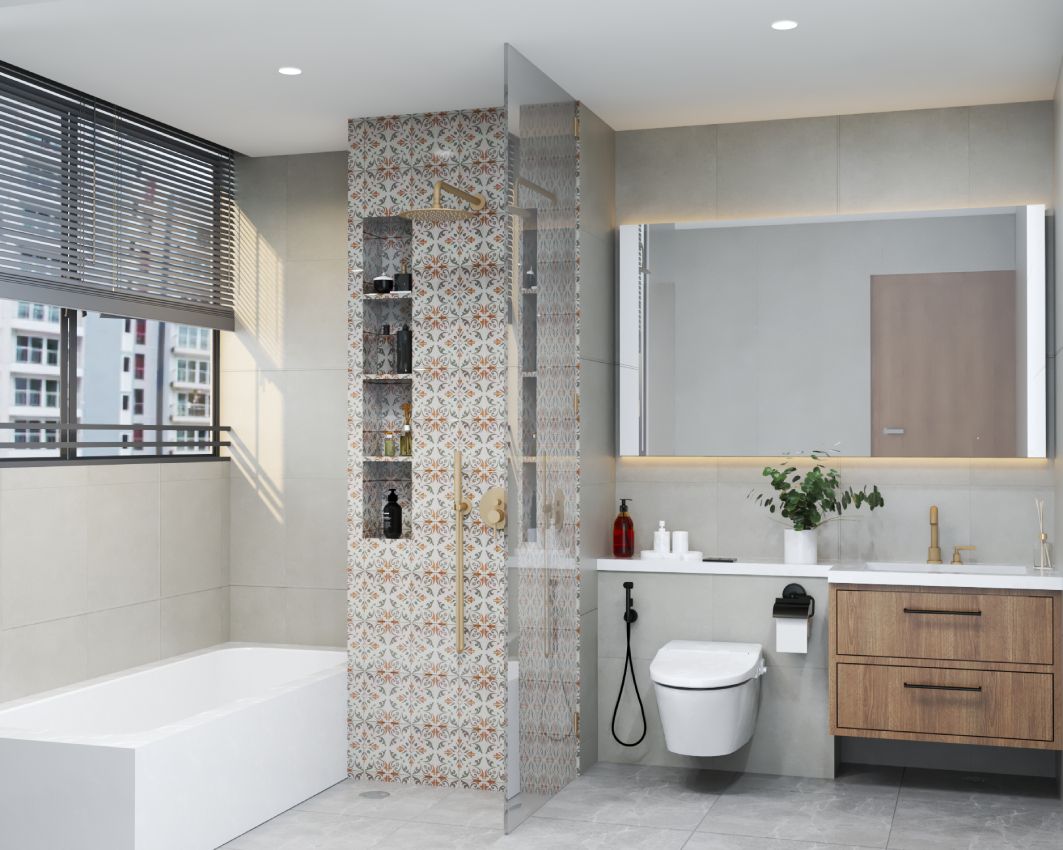 Modern Grey Bathroom Design With Mosaic Tiles