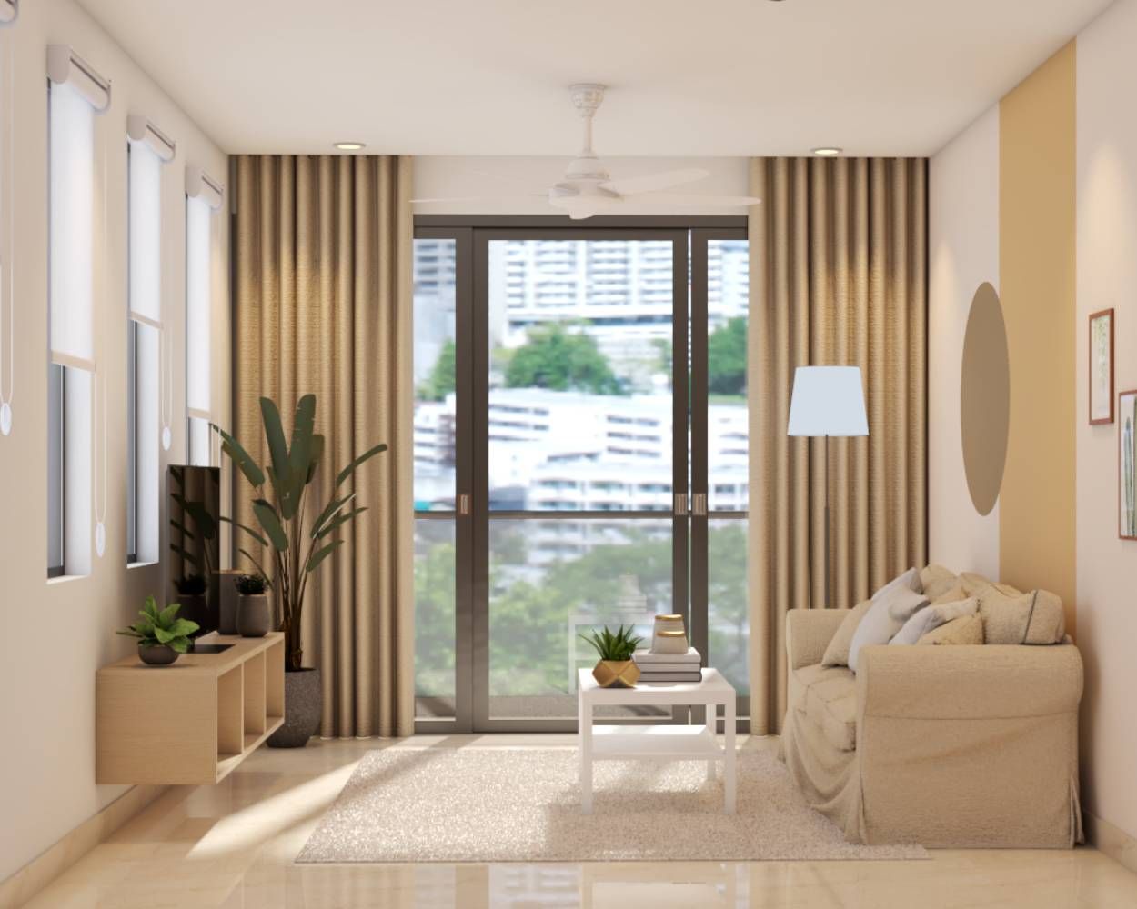 Scandinavian Beige Living Room Design With Wall-Mounted TV Unit Design