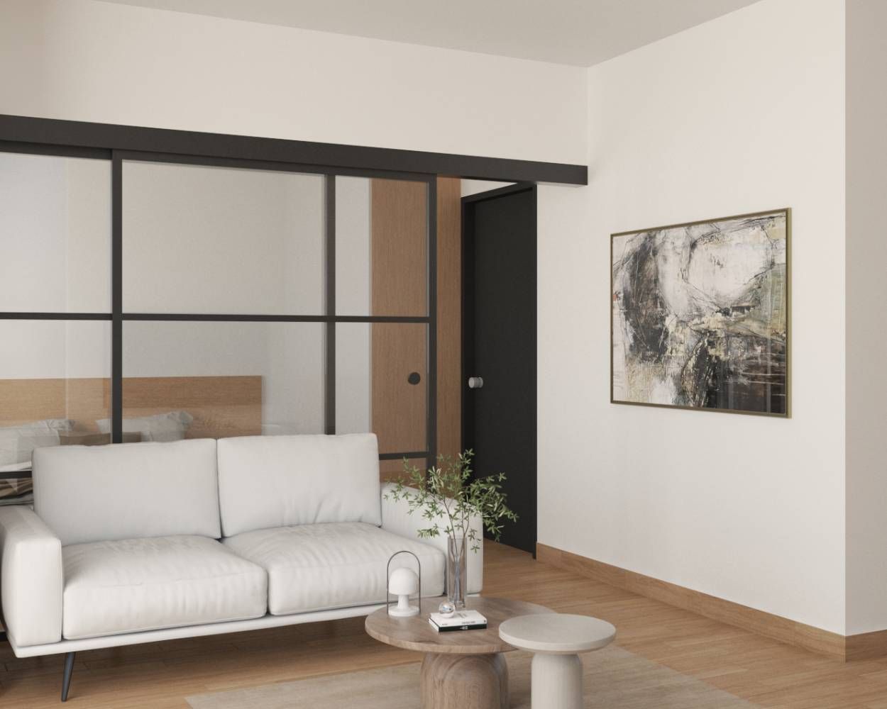 Minimalist Design With 2-Seater White Sofa And Round Coffee Table