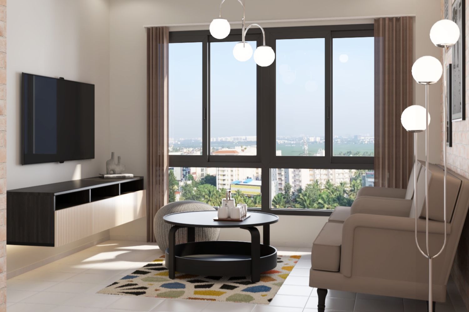 Compact Living Room With Wall-Mounted TV Unit With Open And Closed ...