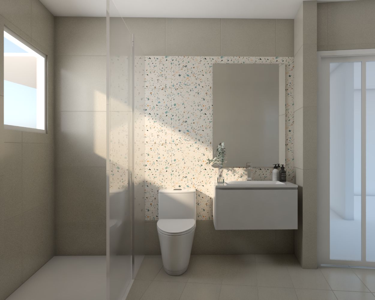 Minimal Bathroom Design With Smoky Grey Laminates And Terazzo Wall Tiles