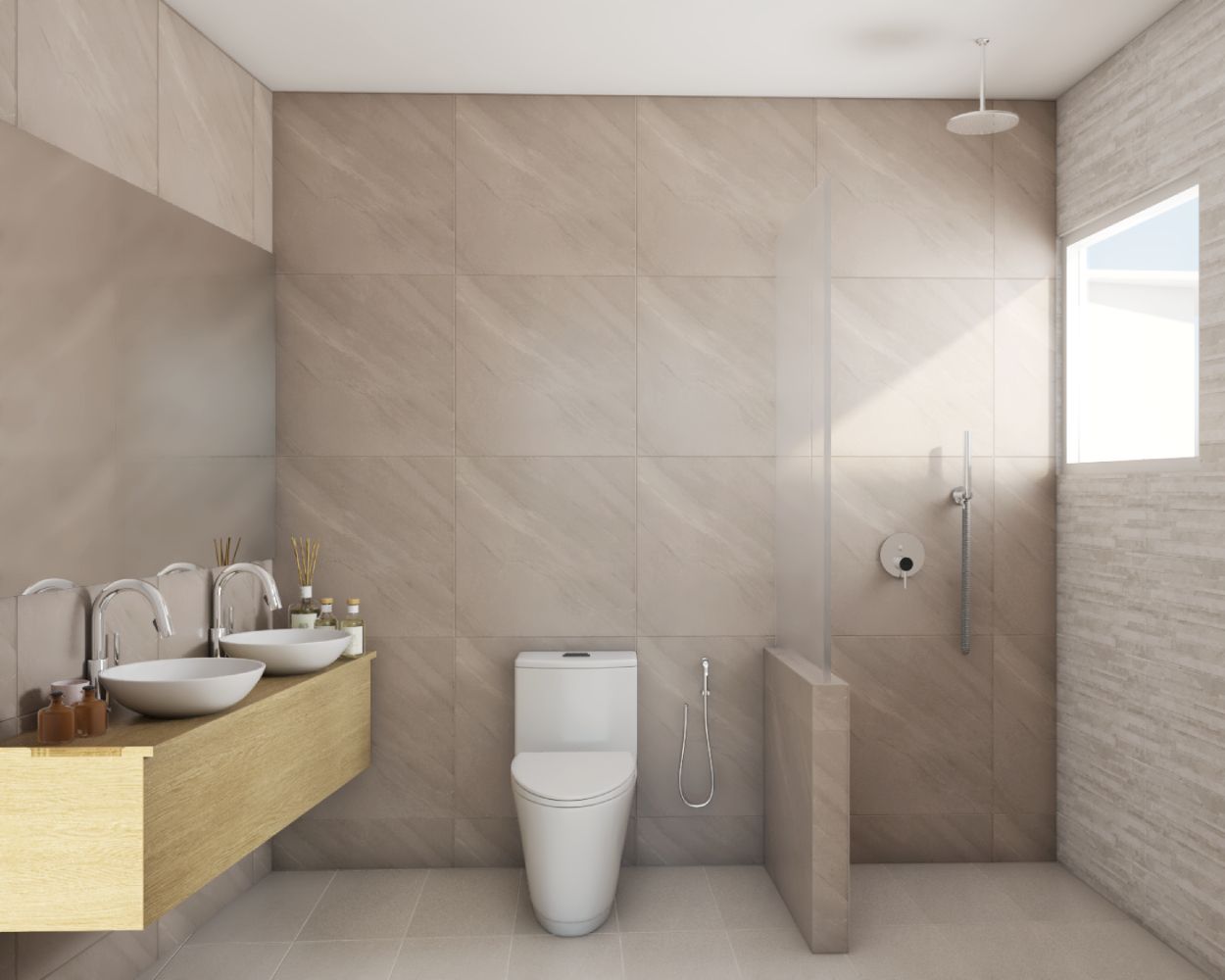 Minimal Bathroom Design With Grey And Beige Interiors